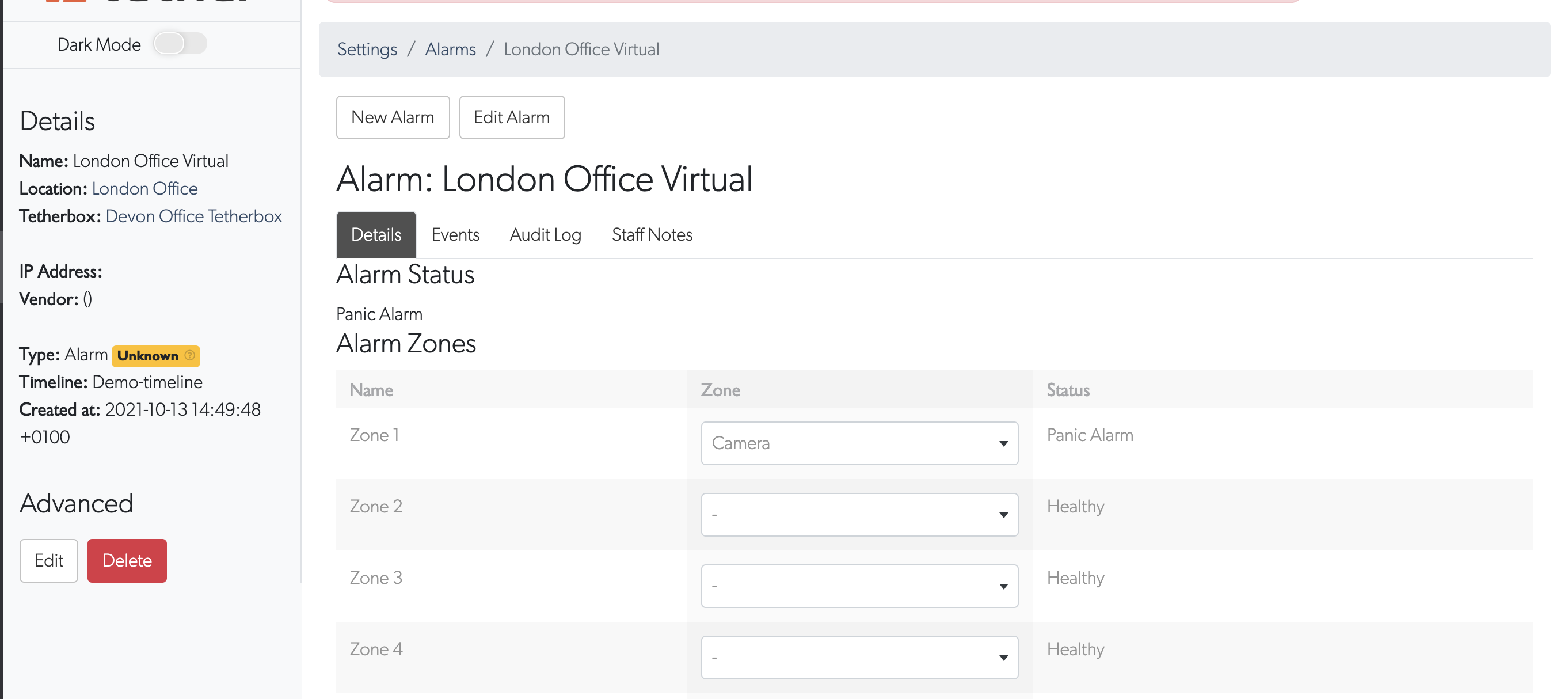 Alarm zones and status in dashboard