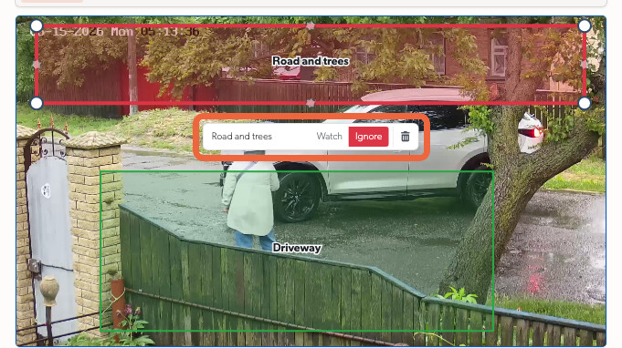 The controls above a selected area: its name, Watch or Ignore, and the bin that deletes it
