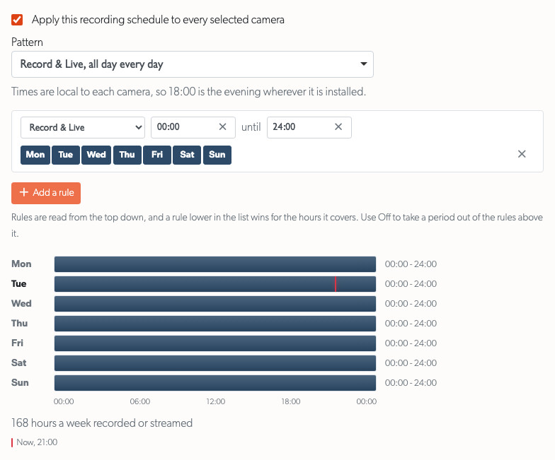 Applying one recording schedule to a selection of cameras