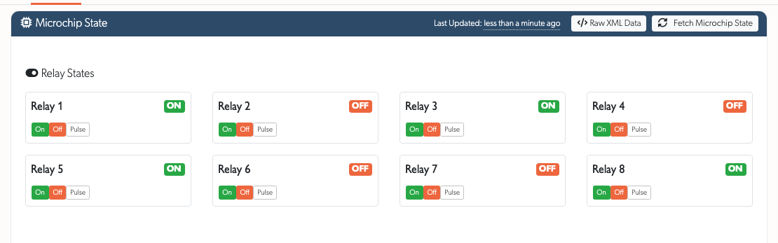 Relay states and On, Off and Pulse controls