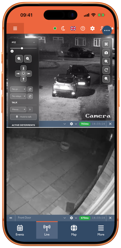 Live view in the app, with the PTZ, talk and deterrent controls open