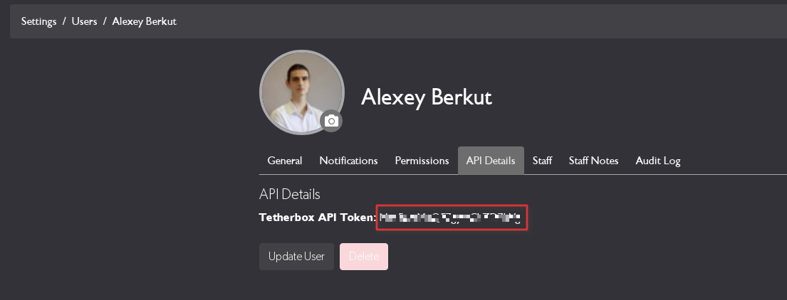 API Details tab showing TetherBox API Token
