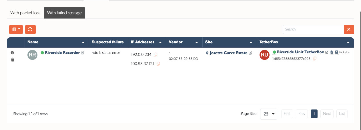 The With failed storage tab listing a recorder that reports a disk error