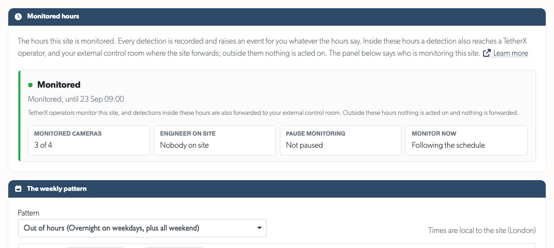 The Monitored Hours tab, with the current state at the top and the weekly pattern below