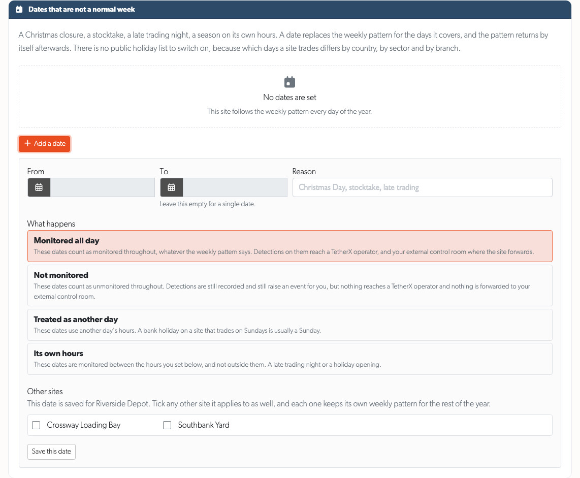 Adding a date that replaces the weekly pattern, with the effect and the sites it applies to