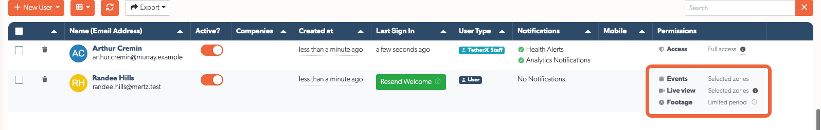 The Users index showing an account with a limited footage period