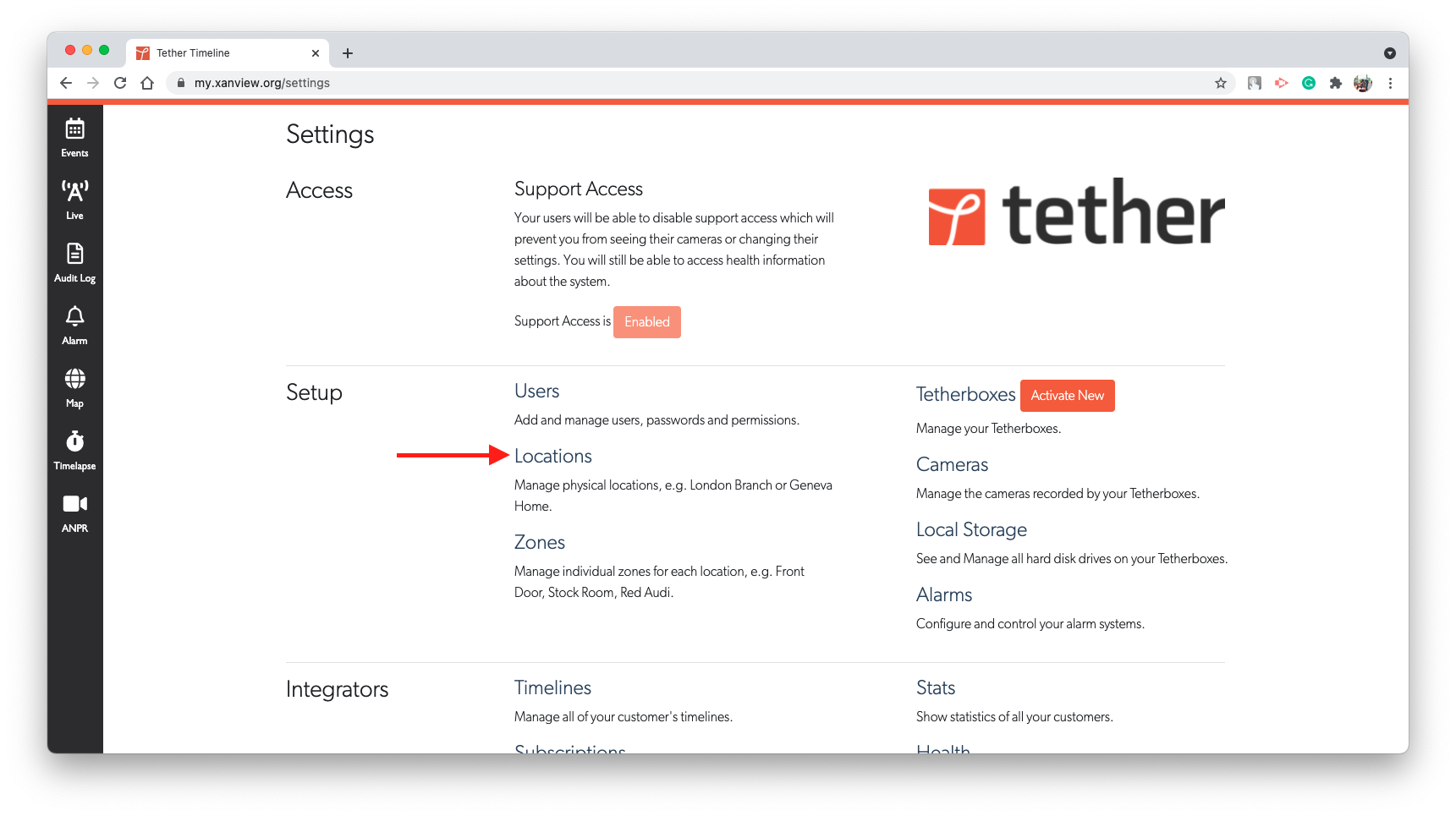 Settings page showing Sites link