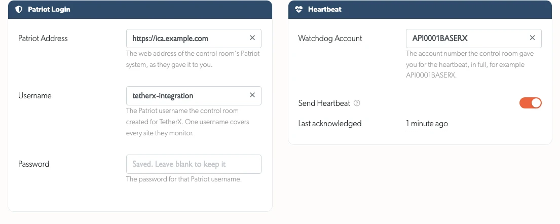 Patriot login and heartbeat on a control room account