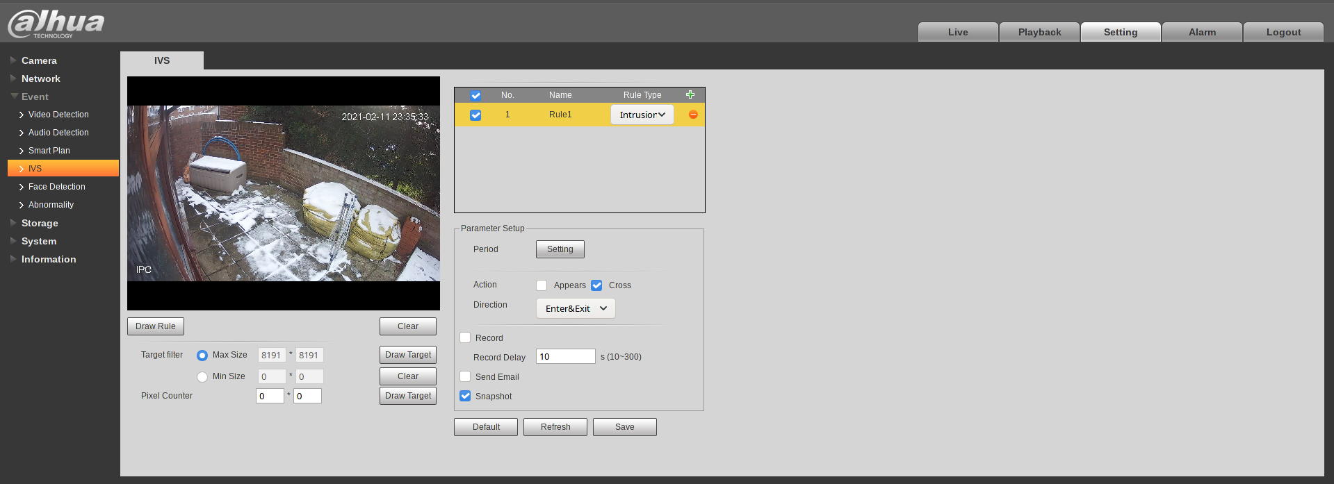 Dahua IVS intrusion detection settings