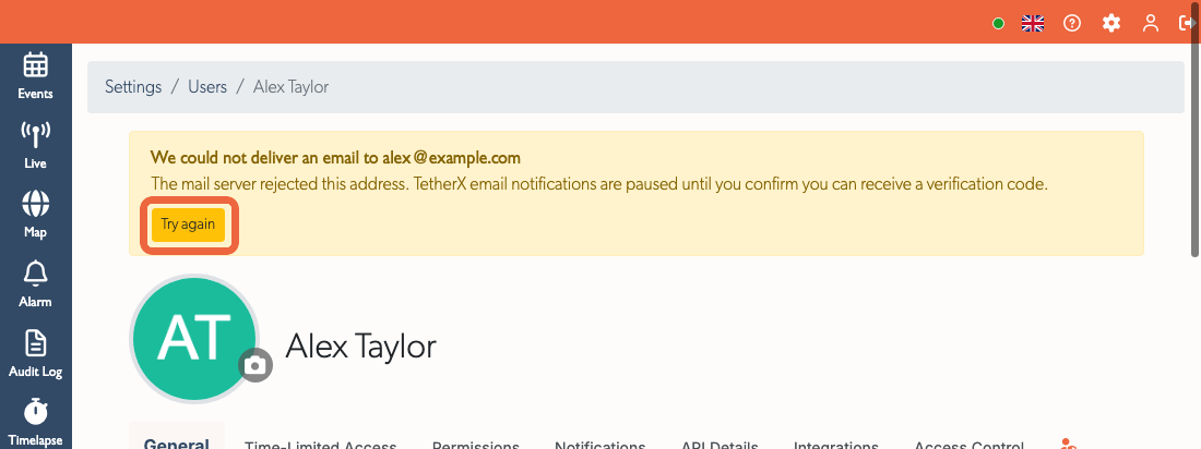 The profile page with its email warning and Try again button