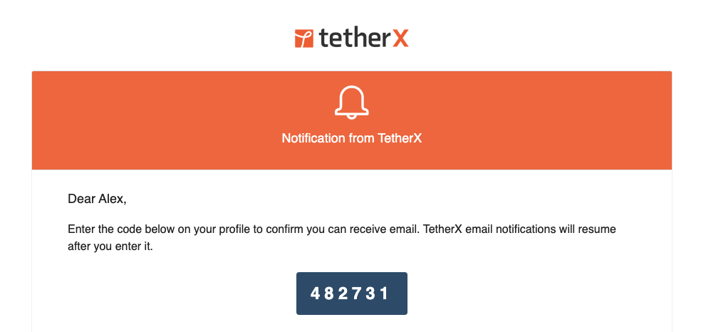 The TetherX email containing a verification code