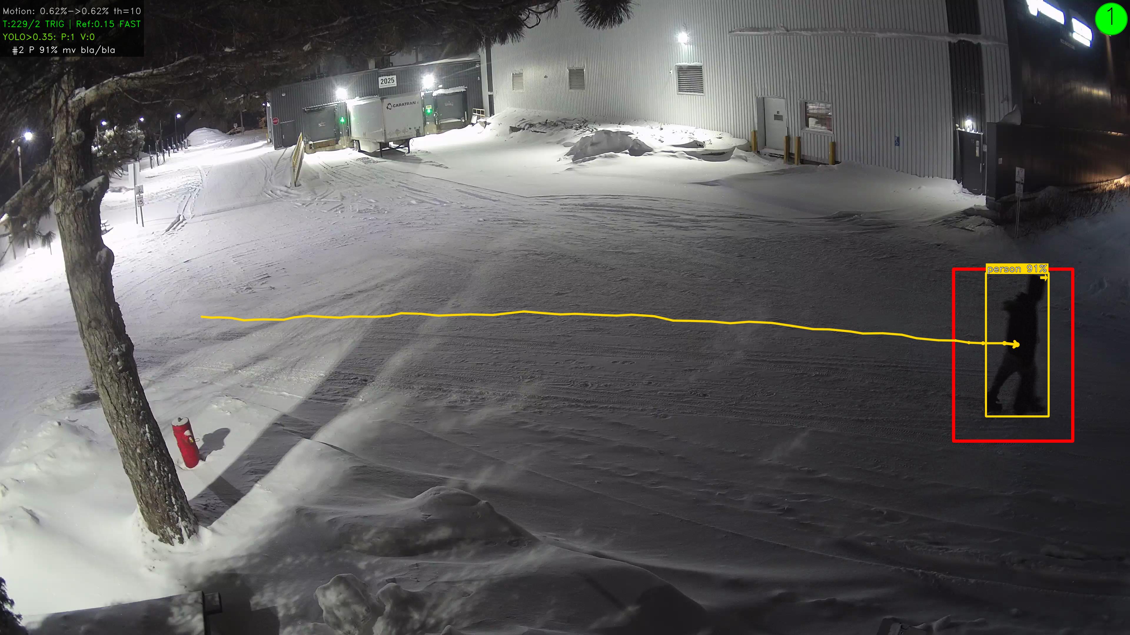 Person tracked across a snow-covered carpark at 91% confidence with trajectory line