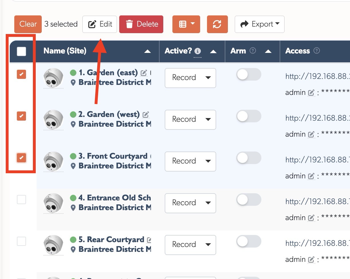 Camera bulk actions - select, edit, or delete multiple cameras at once