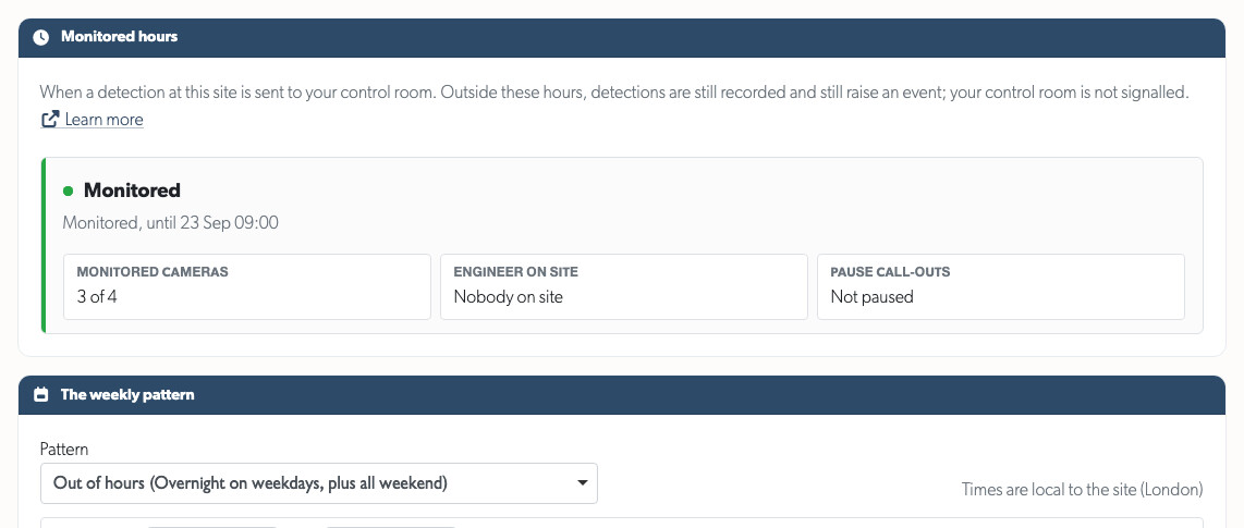 The Monitored Hours tab, showing the current state and the weekly pattern